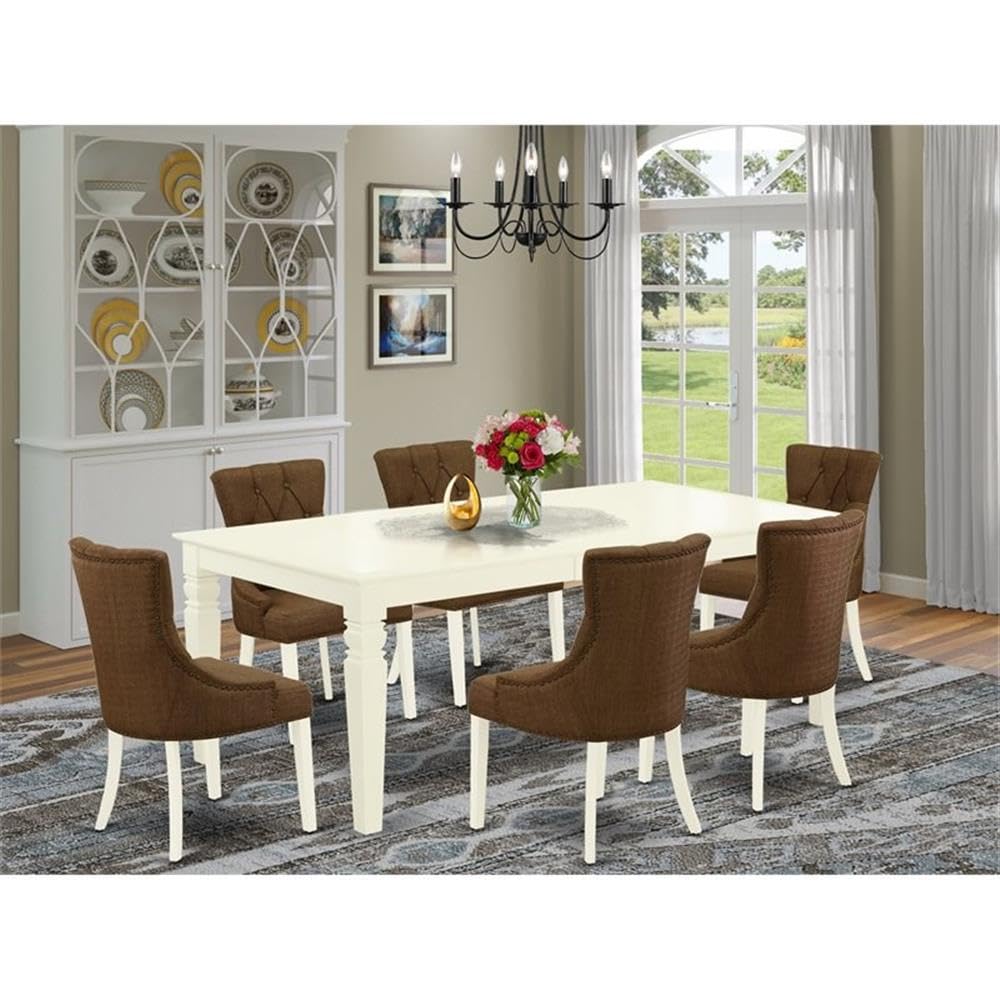 East West Furniture Lgfr7-Lwh-18 7 Piece Kitchen Table Set Consist Of A Rectangle Dining Table With Butterfly Leaf And 6 Brown Linen Linen Fabric Parson Chairs, 42X84 Inch, Linen White